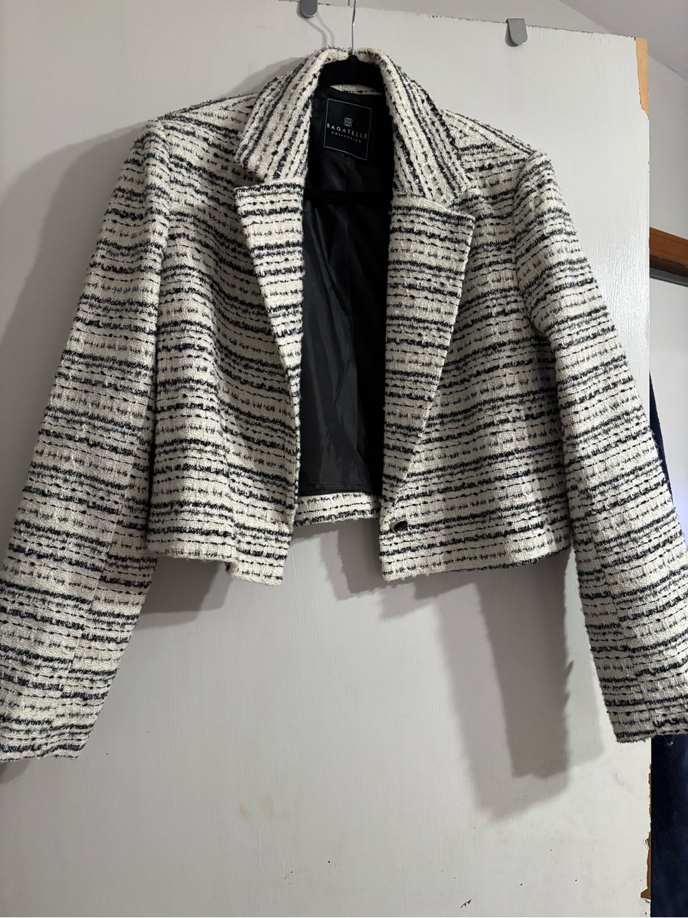 Cropped Bouclé Blazer in Black and White Stripes